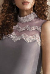 Aria: Silver Silk Long Dress With Hand Embellishment - 475